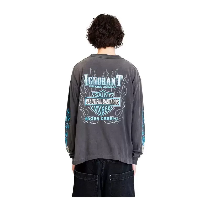 SAINT Mxxxxxx LS TEE/BTFL BASTARS/BLK flame dice distressed long sleeves, washed black S-XL, look for cylindrical fabrics without side seams, don’t buy open ones anymore, boring Assute ready-made garments dyed, all parts faded with spray paint/dirty with hand-made graffiti, collar and cuffs frayed, many hangings/original level printing restored, customized new markings/accessories complete, with little angel anti-counterfeiting label